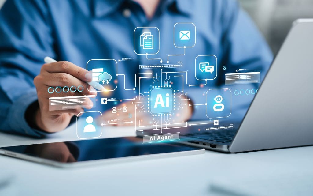 Ai Agent, intelligence artificial development concept for Automation System. Developer uses a laptop for Ai Training and machine learning dashboard. Technology smart robot and agentic workflows