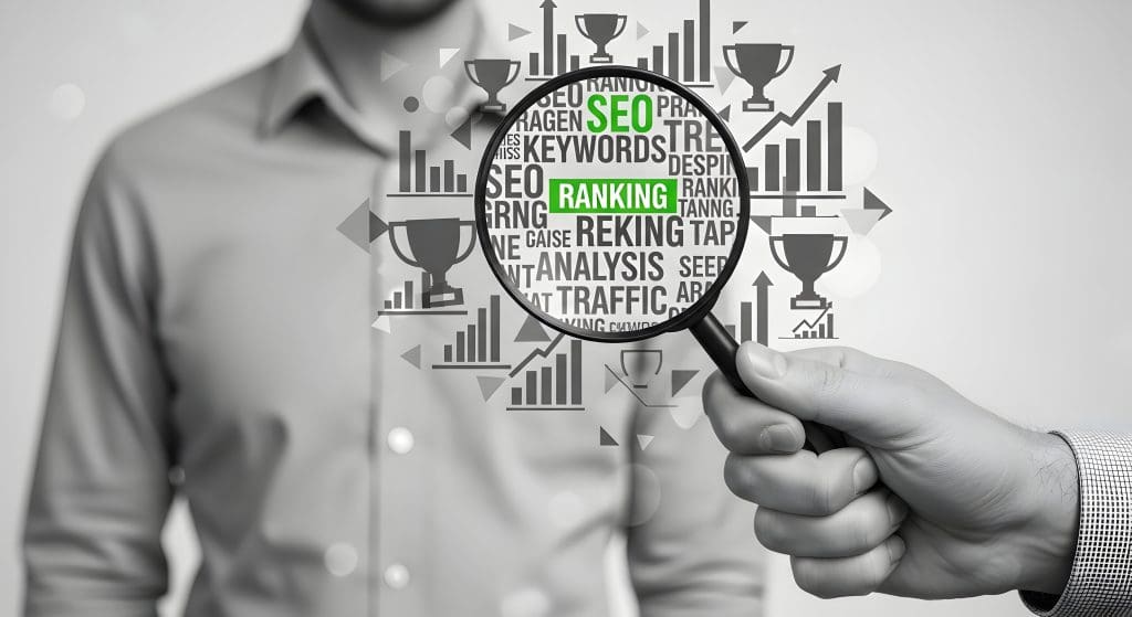 SEO Strategy: Magnifying Glass Revealing Keywords, Ranking, and Web Traffic