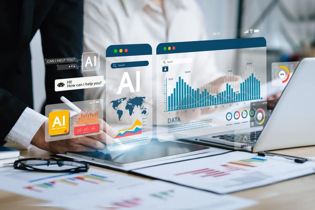 Business people analyze data and big data technology Two businessmen calculate business analysis and display images of complex data sets on a computer on the screen. artificial intelligence Business people analyze data and big data technology Two businessmen calculate business analysis and display images of complex data sets on a computer on the screen. artificial intelligence